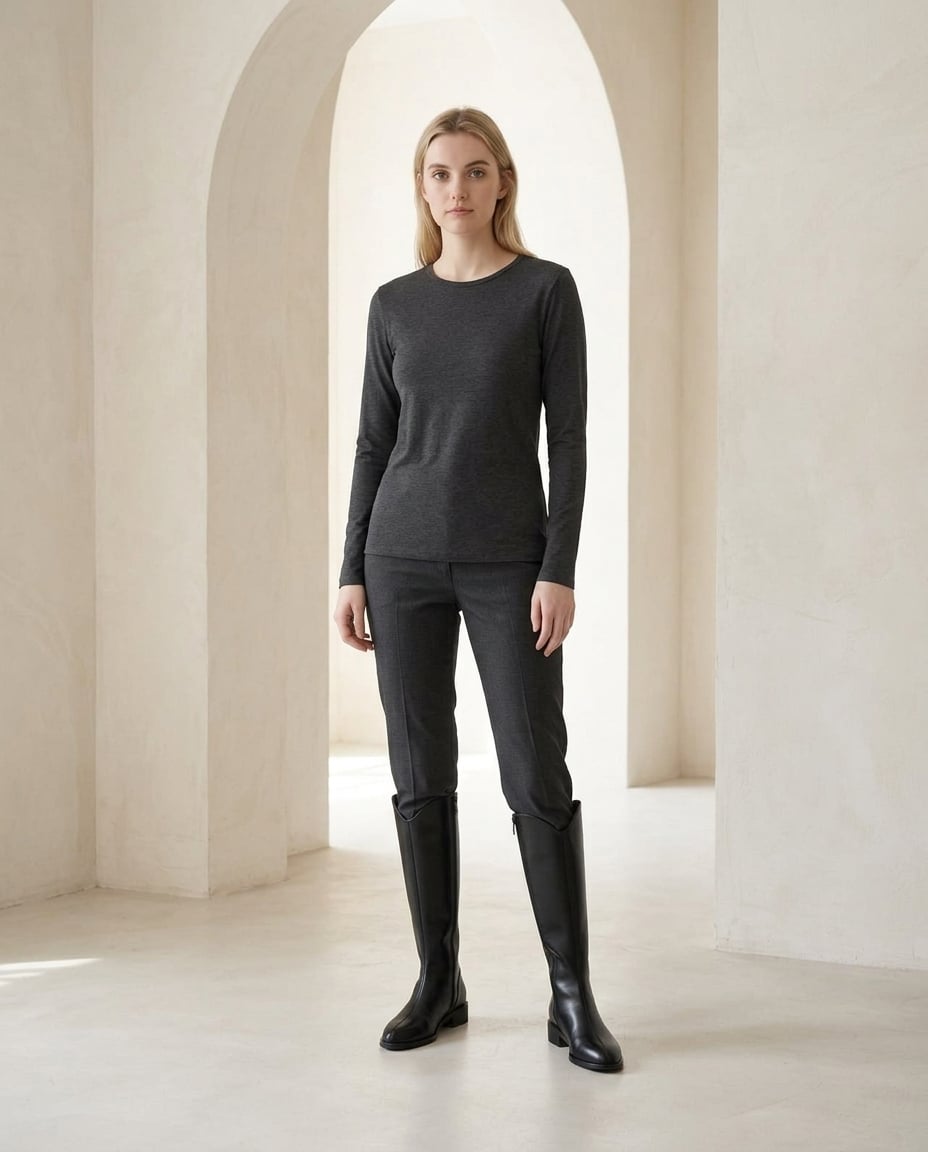 Black knee-high boots on model, front view | Maison Perigee — front