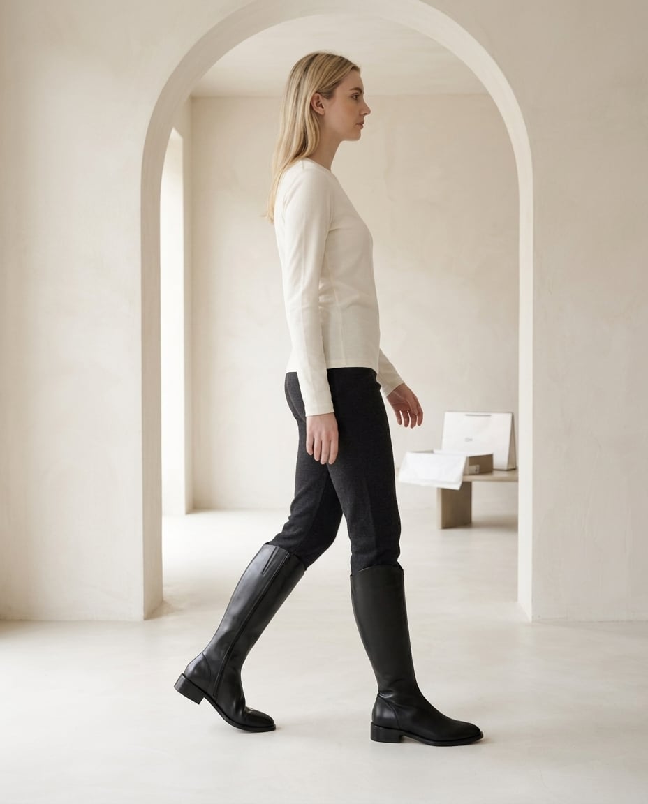 Black knee-high boots on model, side profile | Maison Perigee — side