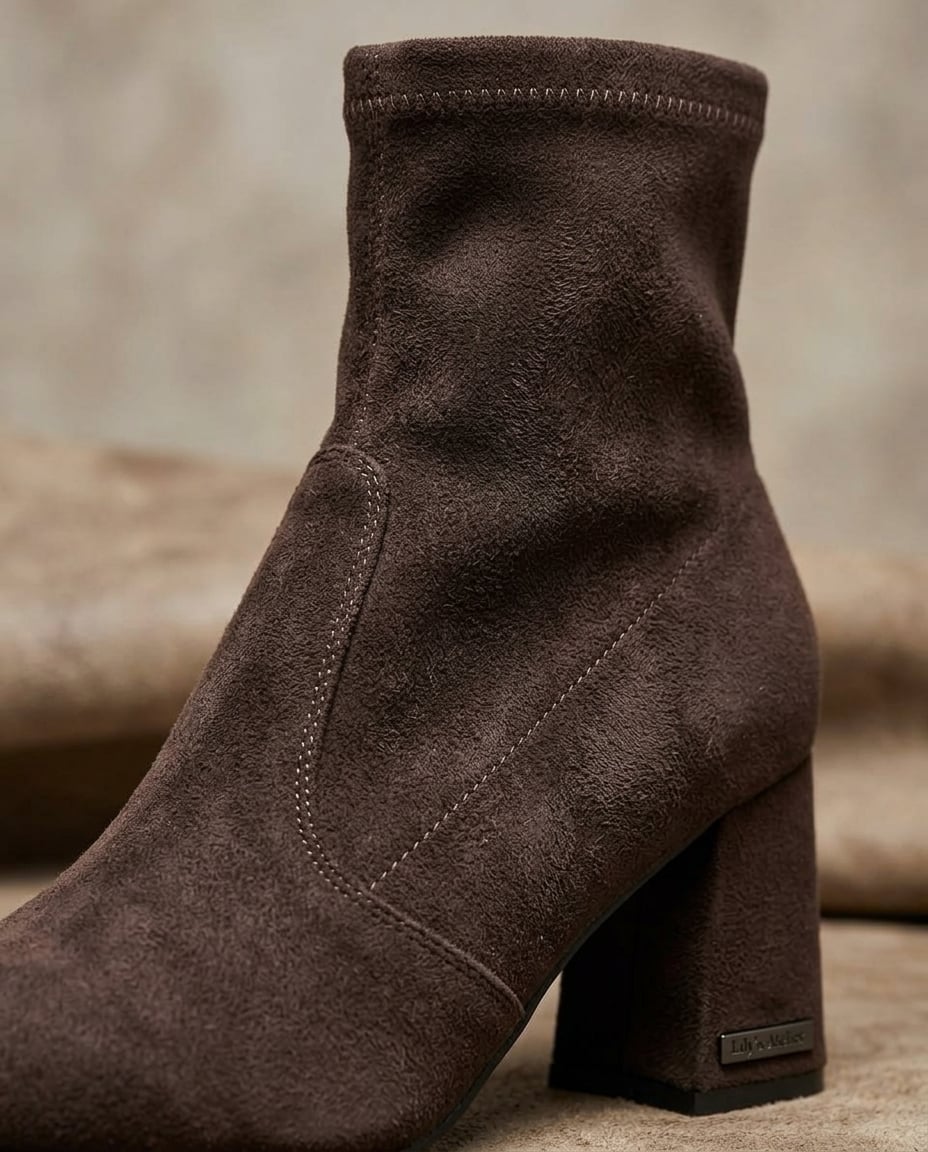Chocolate ankle boots material and heel detail | Maison Perigee — detail