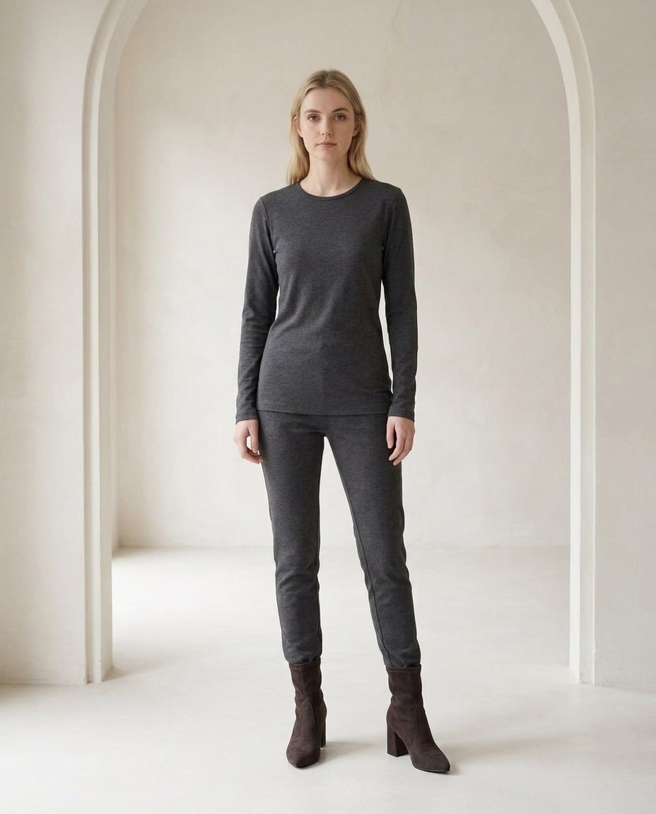 Chocolate ankle boots on model, front view | Maison Perigee — front