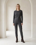 Chocolate ankle boots on model, front view | Maison Perigee — front