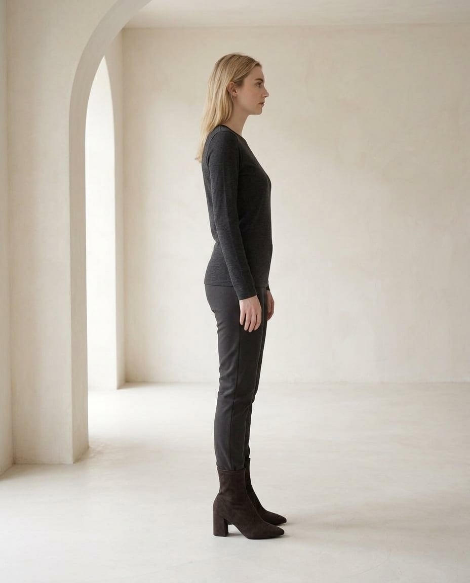 Chocolate ankle boots on model, side profile | Maison Perigee — side