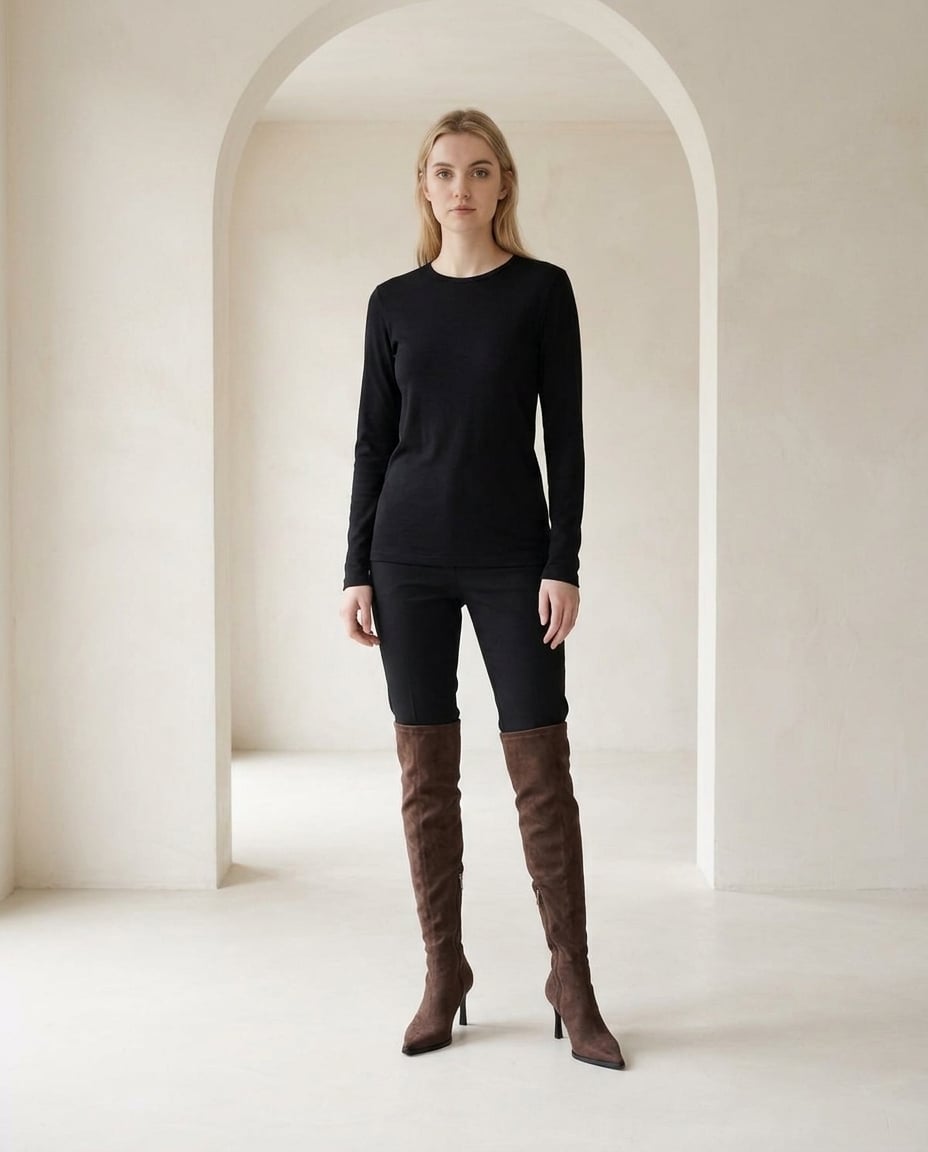 Brown over-the-knee boots on model, front view | Maison Perigee — front