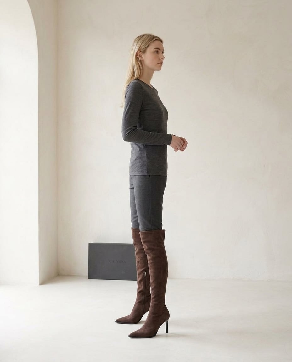 Brown over-the-knee boots on model, side profile | Maison Perigee — side