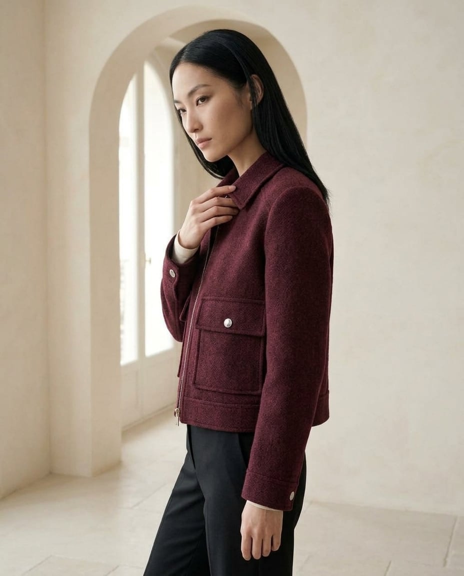 Margaux - Chic Boxy Tweed Jacket in Burgundy — Maison Perigee — side