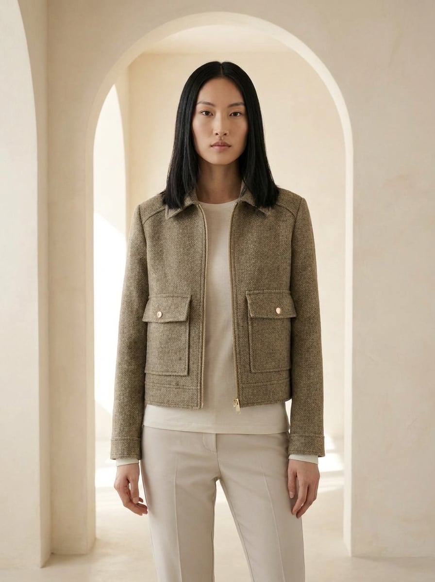 Margaux - Chic Boxy Tweed Jacket in Khaki — Maison Perigee — front