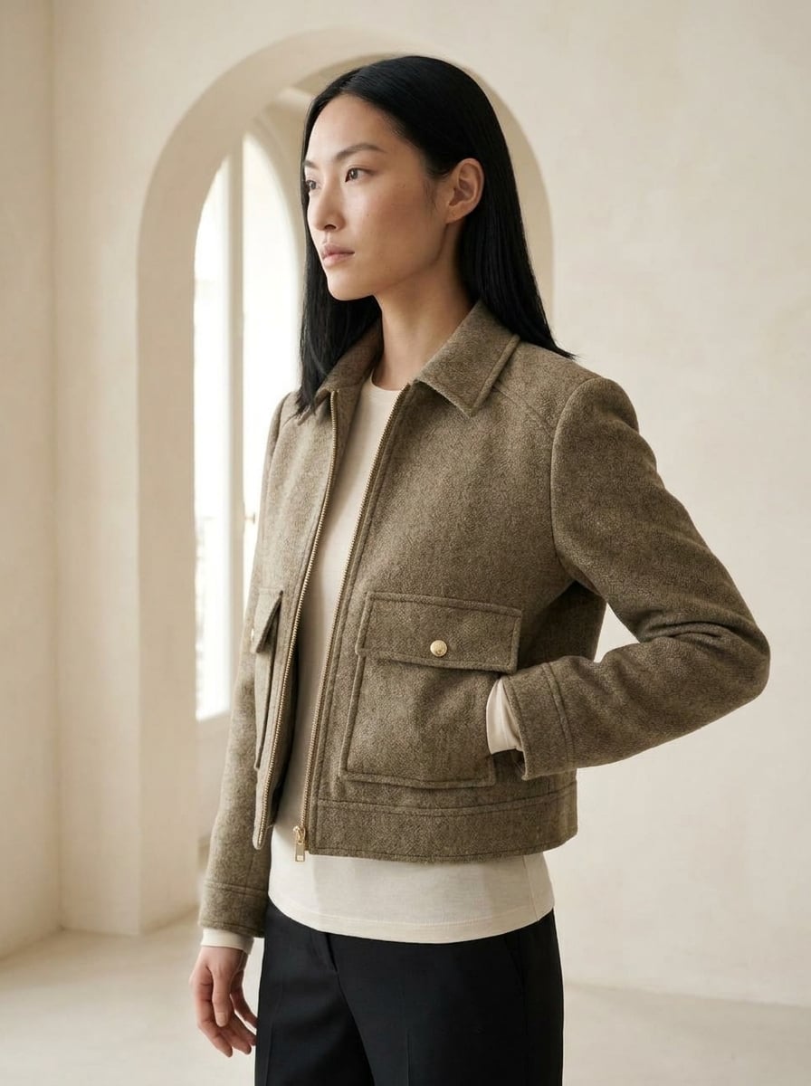 Margaux - Chic Boxy Tweed Jacket in Khaki — Maison Perigee — side
