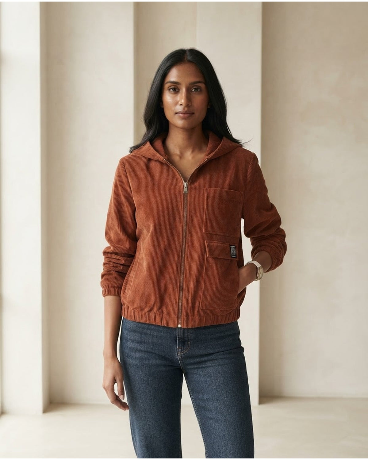 Maya | Effortless Hooded Corduroy Jacket for Autumn/Winter - Front View