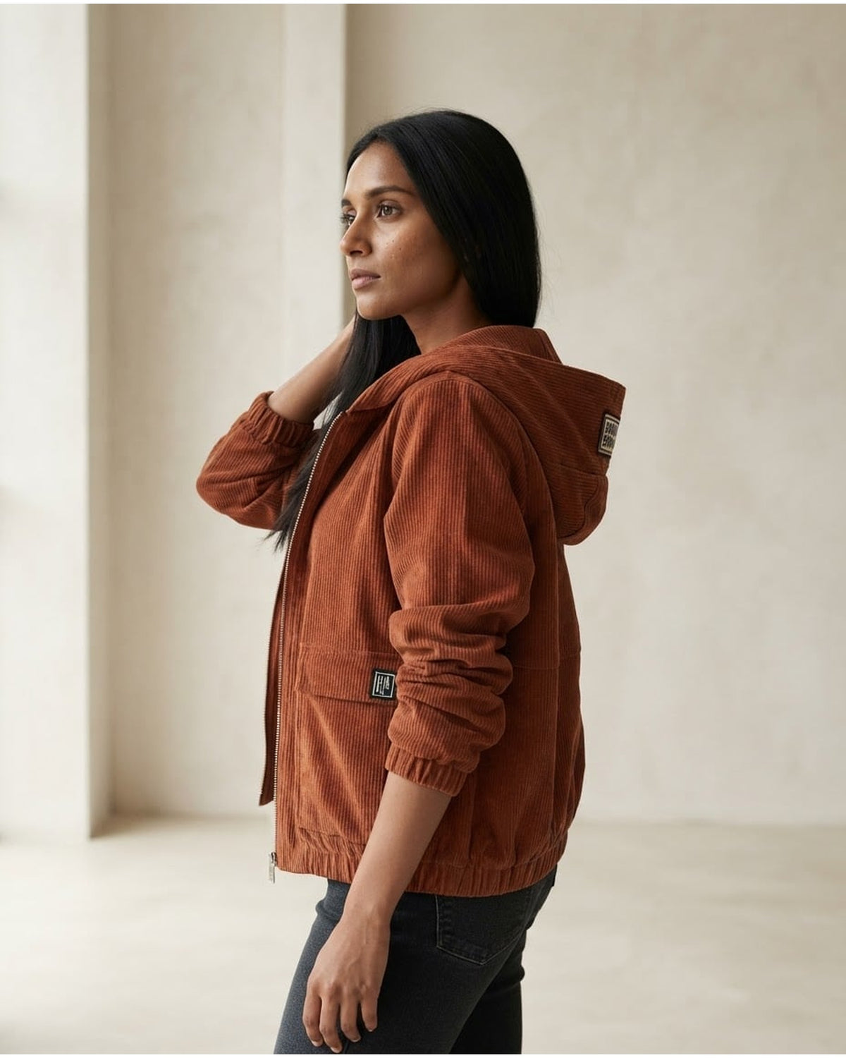 Maya | Effortless Hooded Corduroy Jacket for Autumn/Winter - Side View