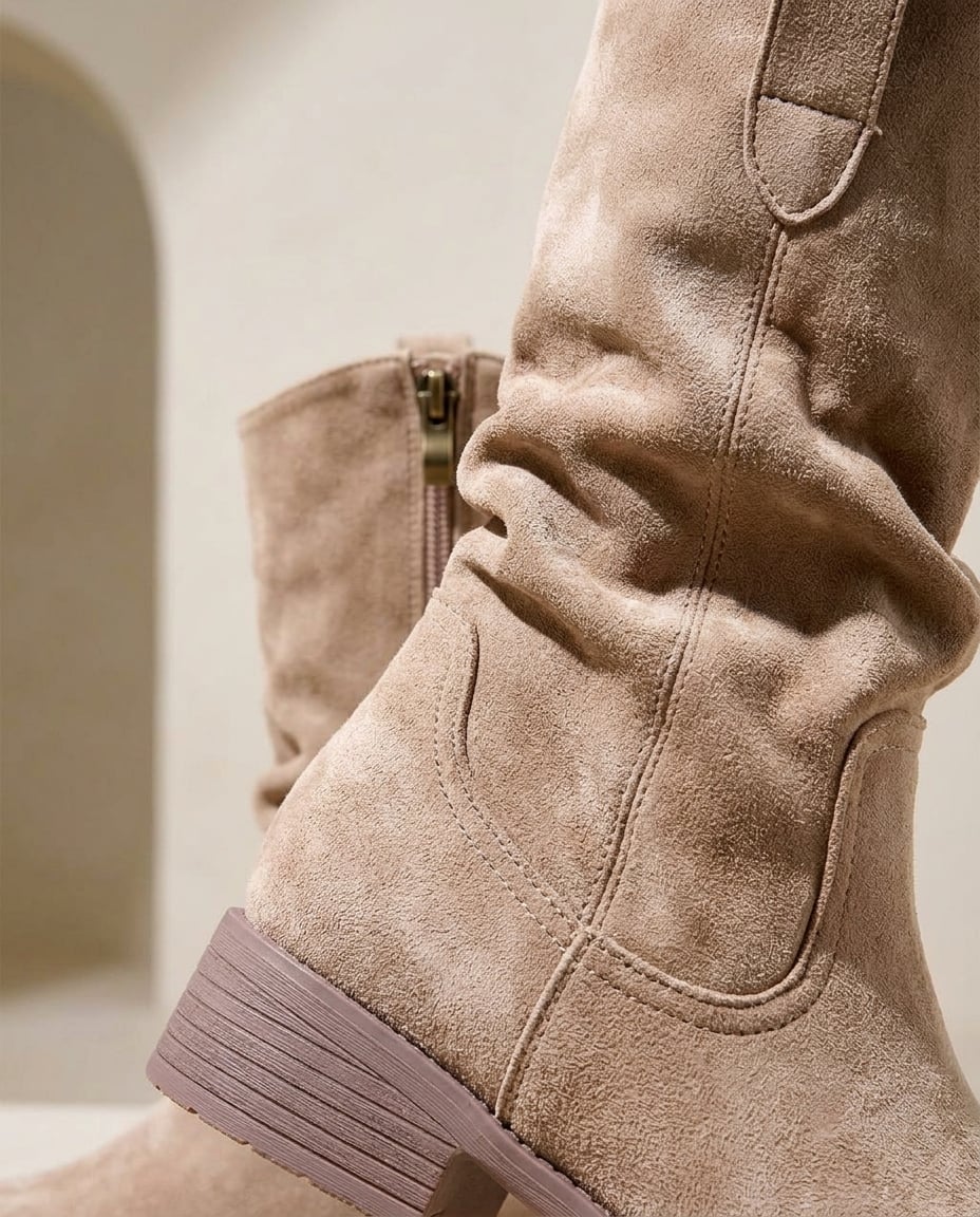 Khaki mid-calf boots material and heel detail | Maison Perigee — detail