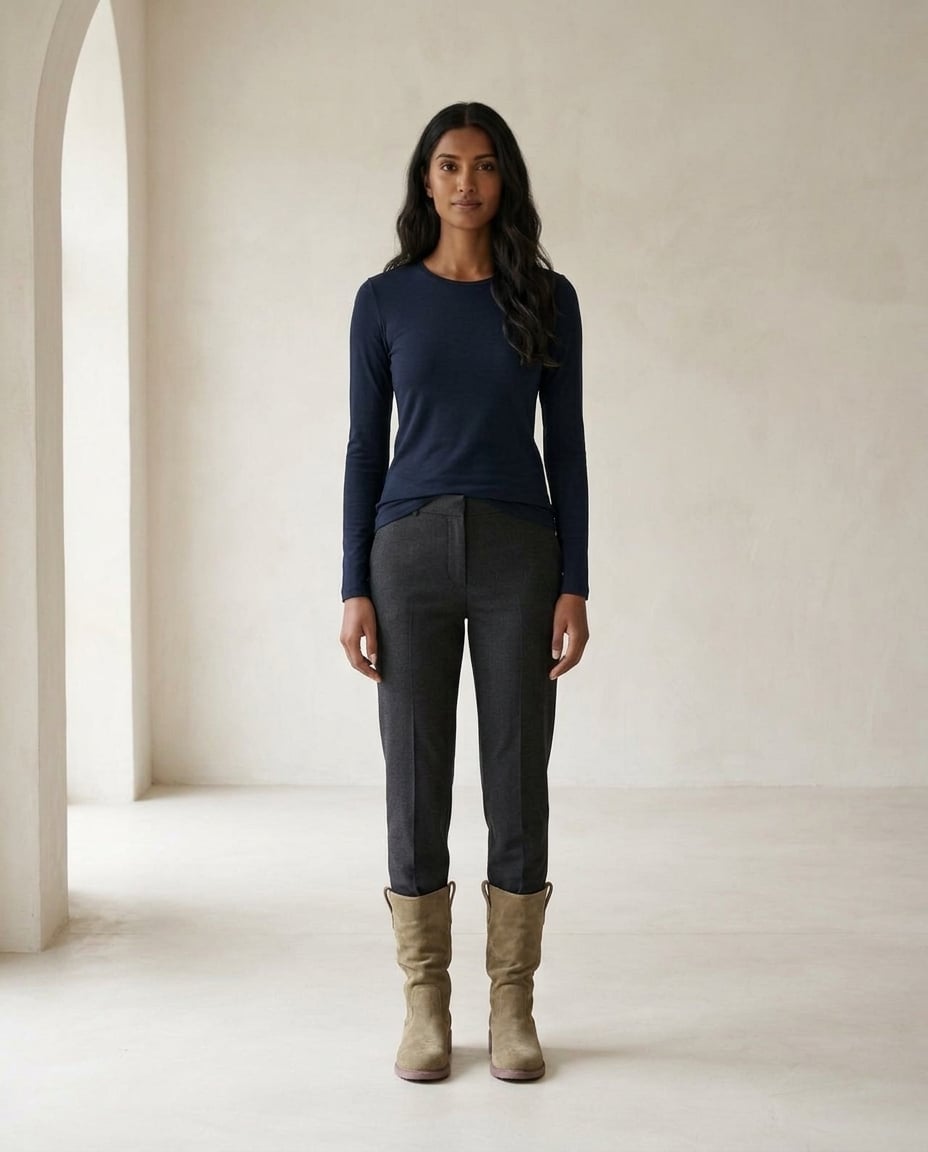 Khaki mid-calf boots on model, front view | Maison Perigee — front