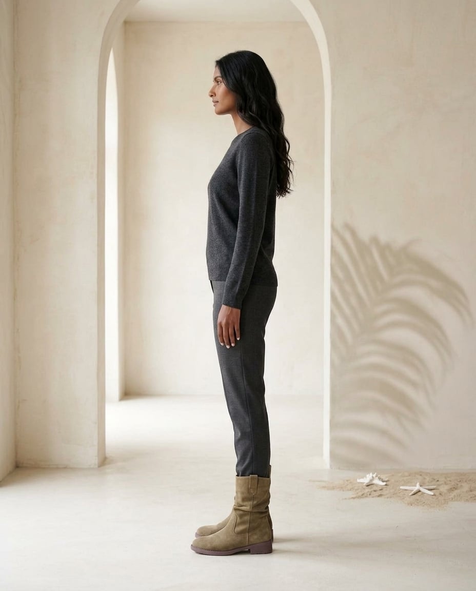 Khaki mid-calf boots on model, side profile | Maison Perigee — side