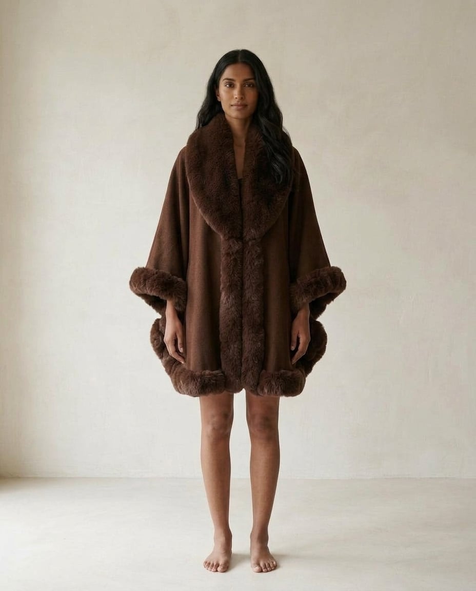 Maya | Elegant Faux Fur Trimmed Cape for Winter — front | Maison Perigee