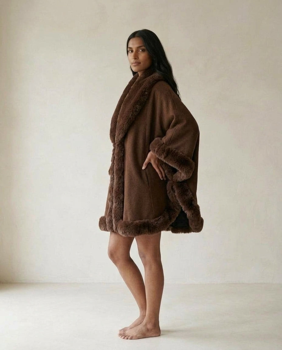 Maya | Elegant Faux Fur Trimmed Cape for Winter — side | Maison Perigee