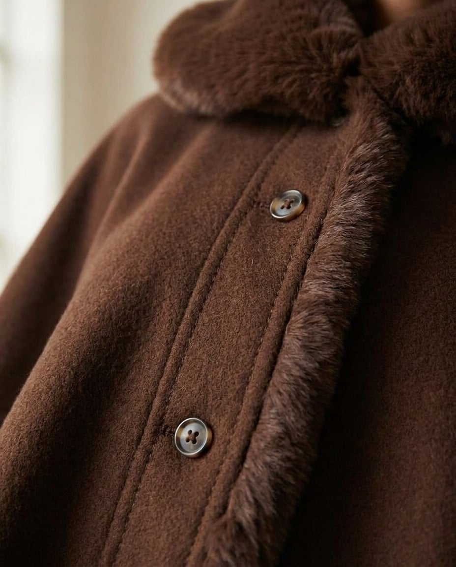 Maya | Elegant Faux Fur Trimmed Cape for Winter — detail | Maison Perigee