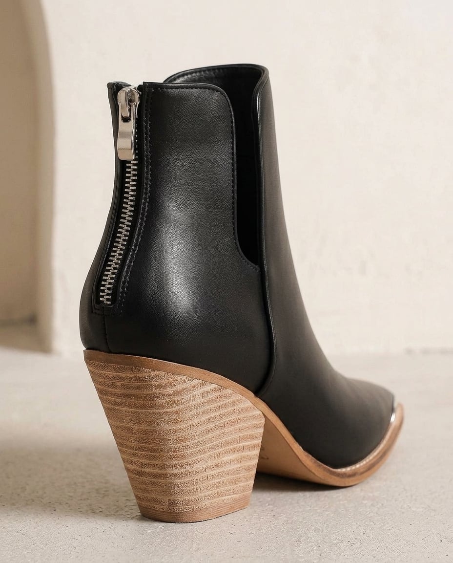 Black ankle boots material and heel detail | Maison Perigee — detail