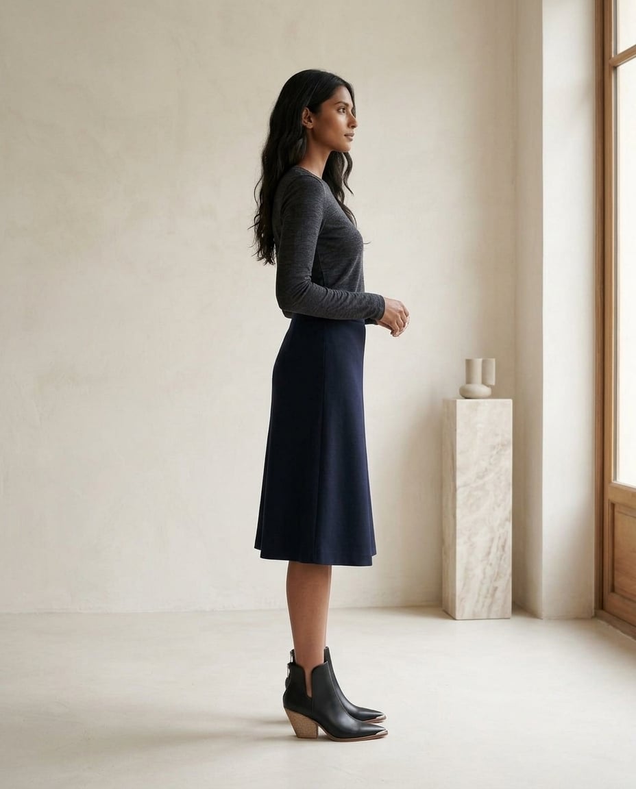 Black ankle boots on model, side profile | Maison Perigee — side