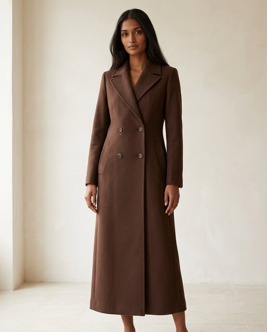 Maya | Stylish Chocolate Brown Long Tailored Wool Coat for Winter - front view