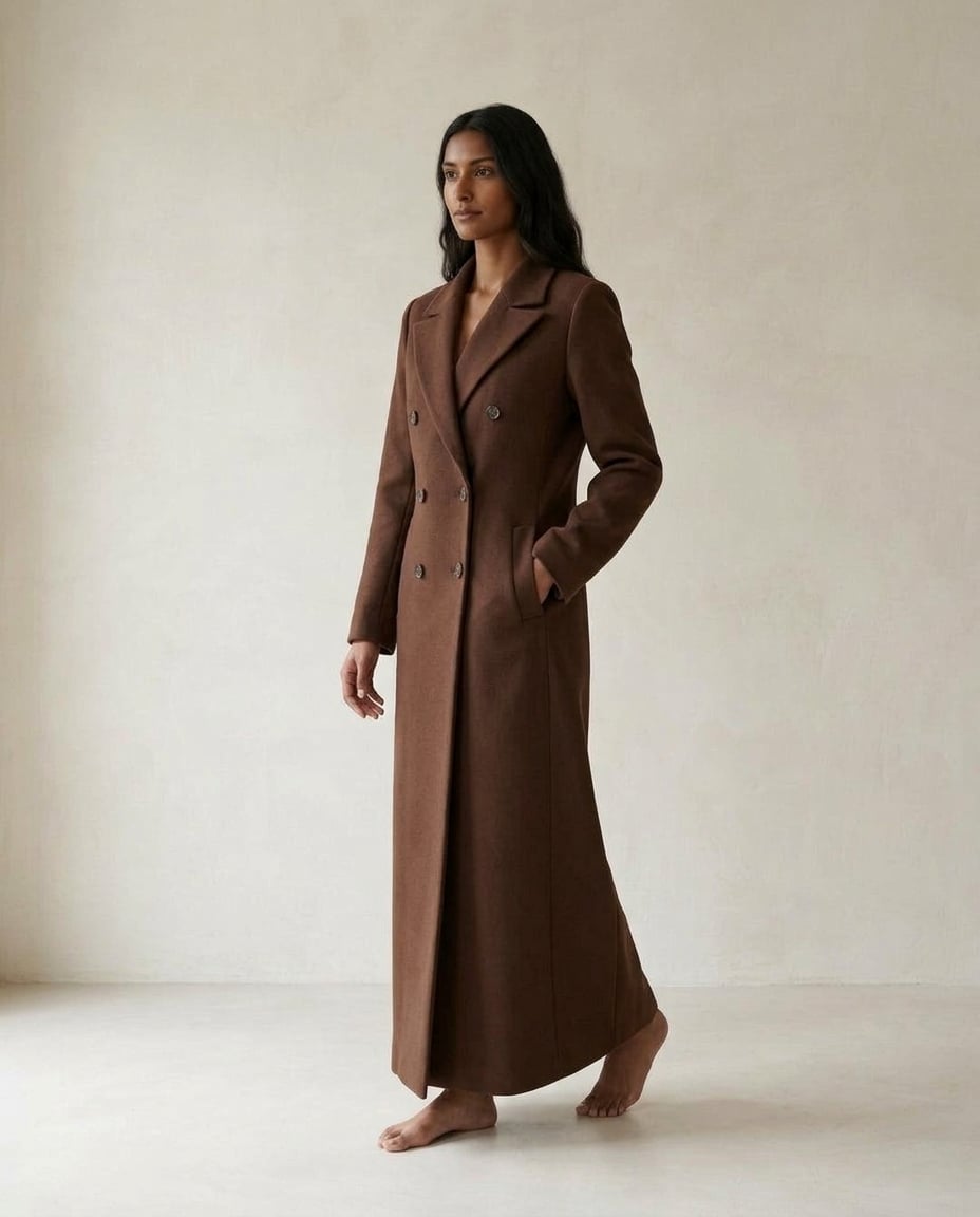 Maya | Stylish Chocolate Brown Long Tailored Wool Coat for Winter - side view