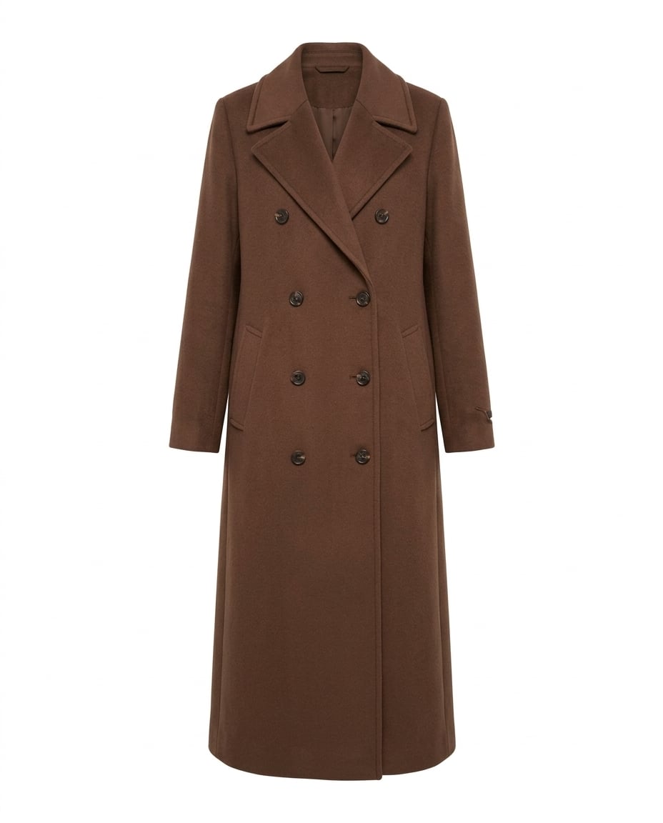 Maya | Stylish Chocolate Brown Long Tailored Wool Coat for Winter - flat lay