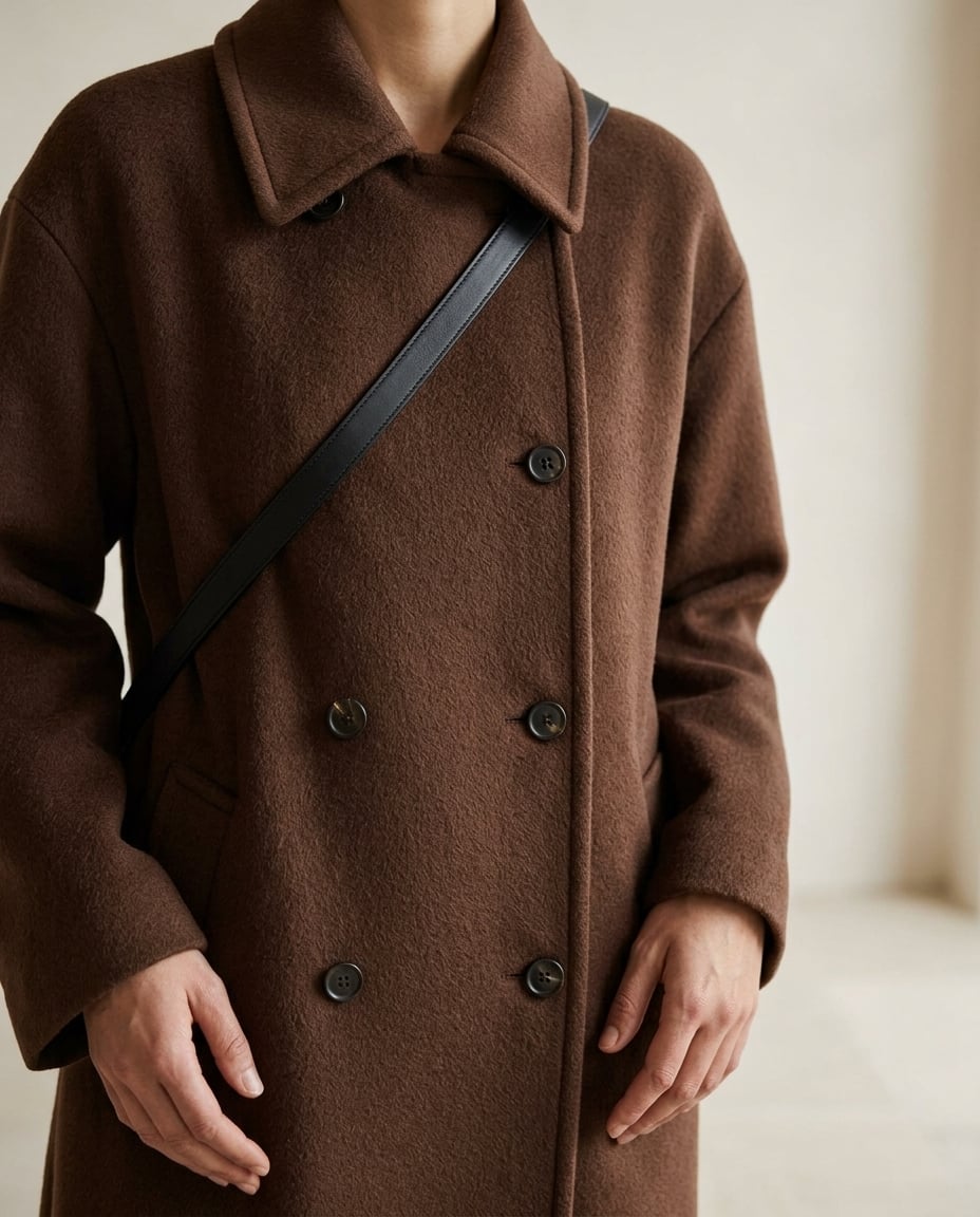 Maya | Stylish Chocolate Brown Long Tailored Wool Coat for Winter - detail close-up