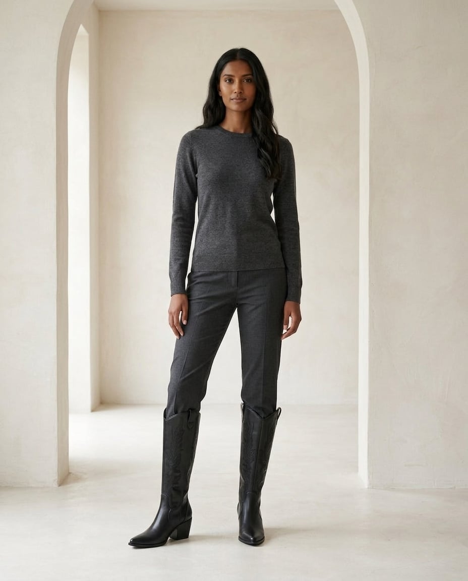Black knee-high boots on model, front view | Maison Perigee — front