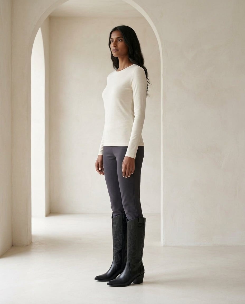 Black knee-high boots on model, side profile | Maison Perigee — side