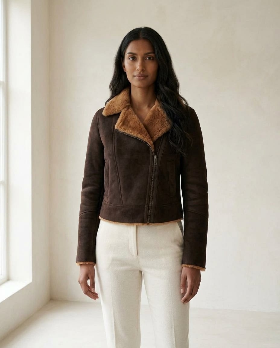 Maya | Timeless Shearling Moto Coat for Winter — front | Maison Perigee