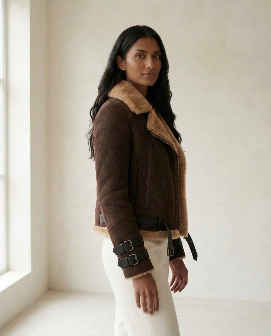 Maya | Timeless Shearling Moto Coat for Winter — side | Maison Perigee