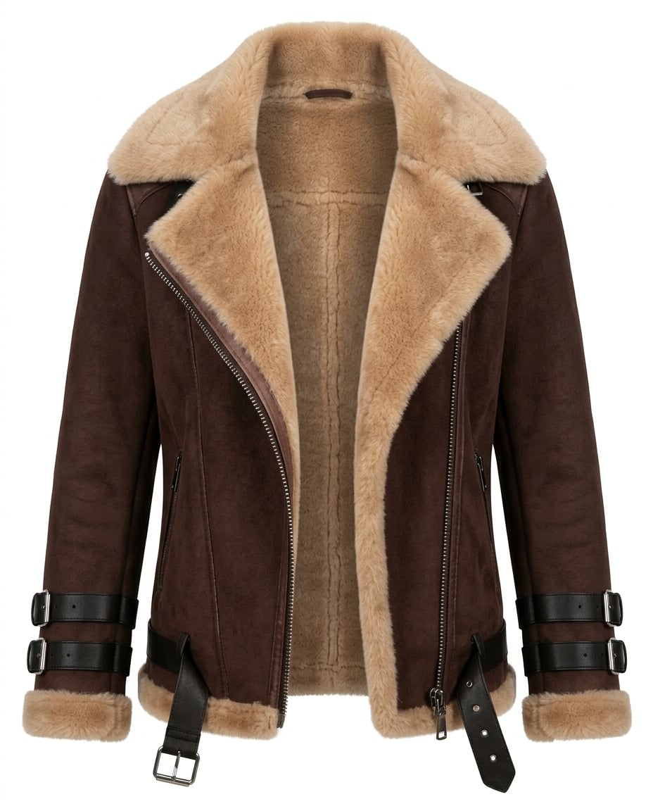 Maya | Timeless Shearling Moto Coat for Winter — product white bg | Maison Perigee