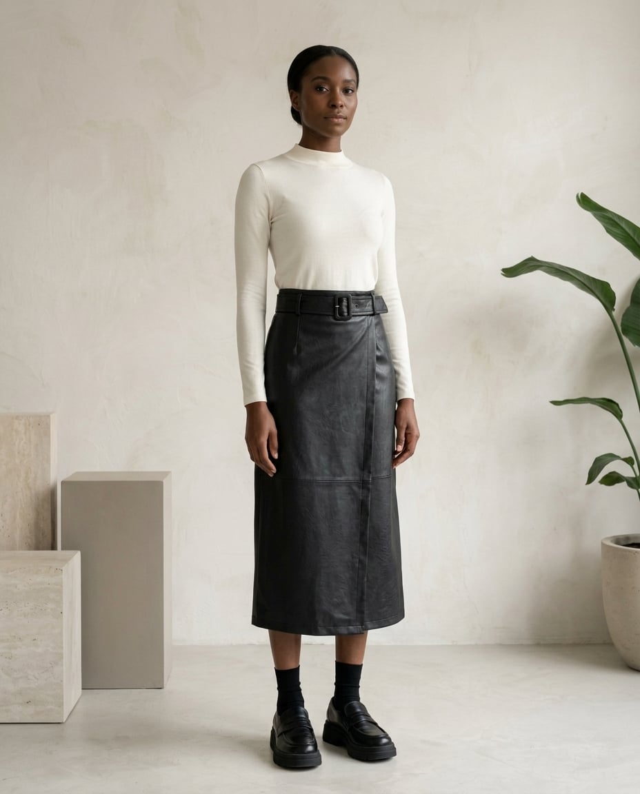 Naomi | Elegant Belted Midi Skirt for Autumn/Winter — front | Maison Perigee