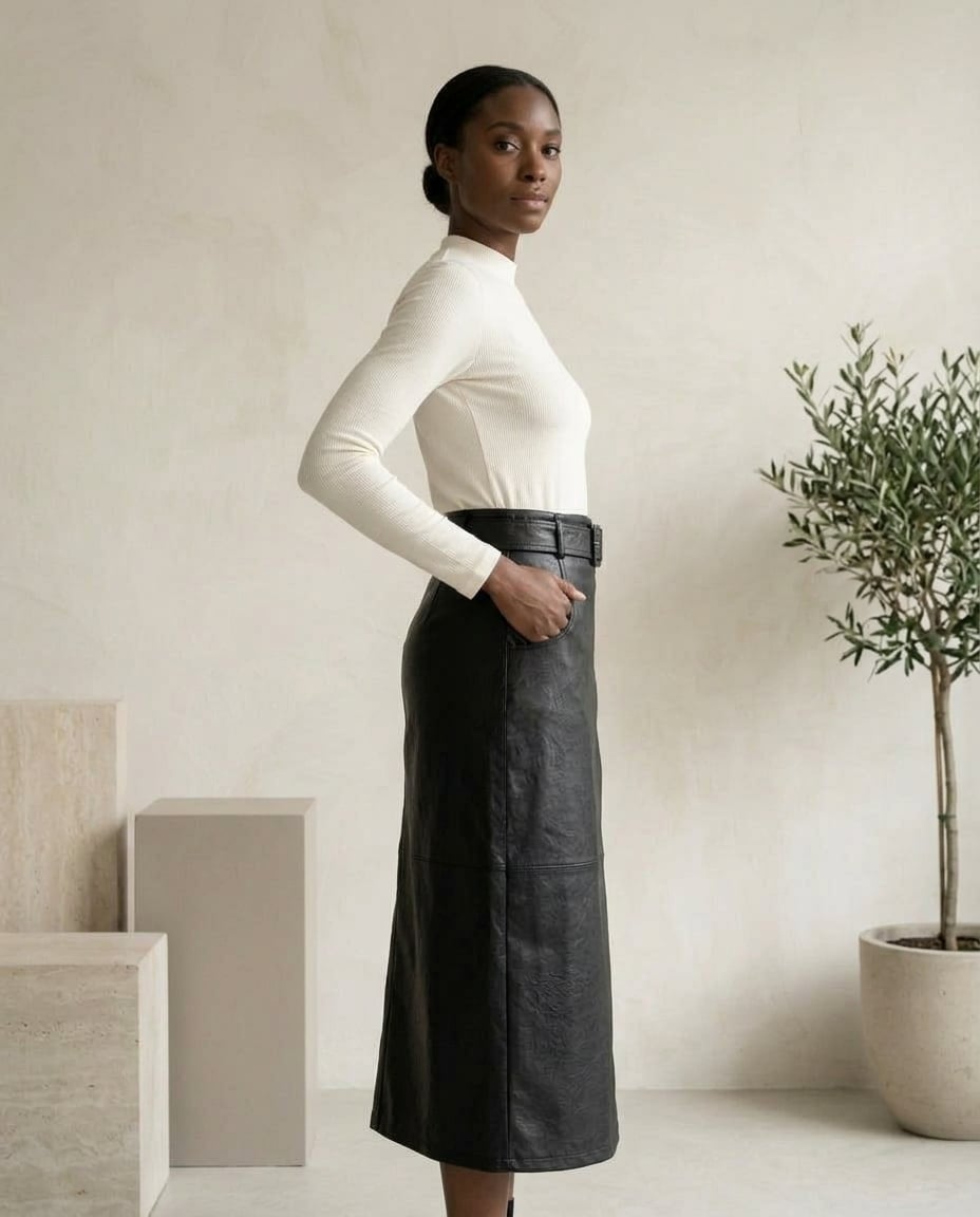 Naomi | Elegant Belted Midi Skirt for Autumn/Winter — side | Maison Perigee