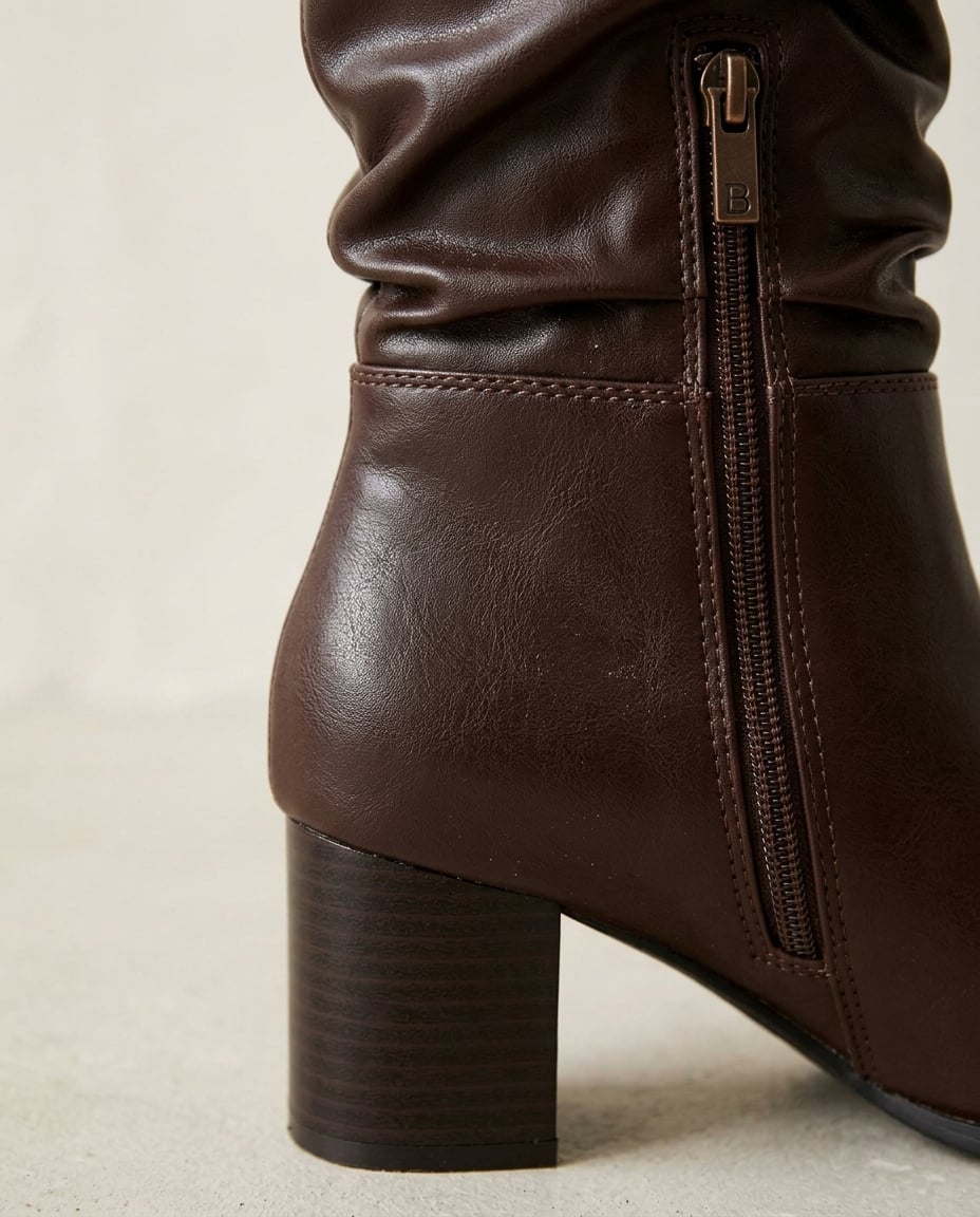 Black knee-high boots material and heel detail | Maison Perigee — detail