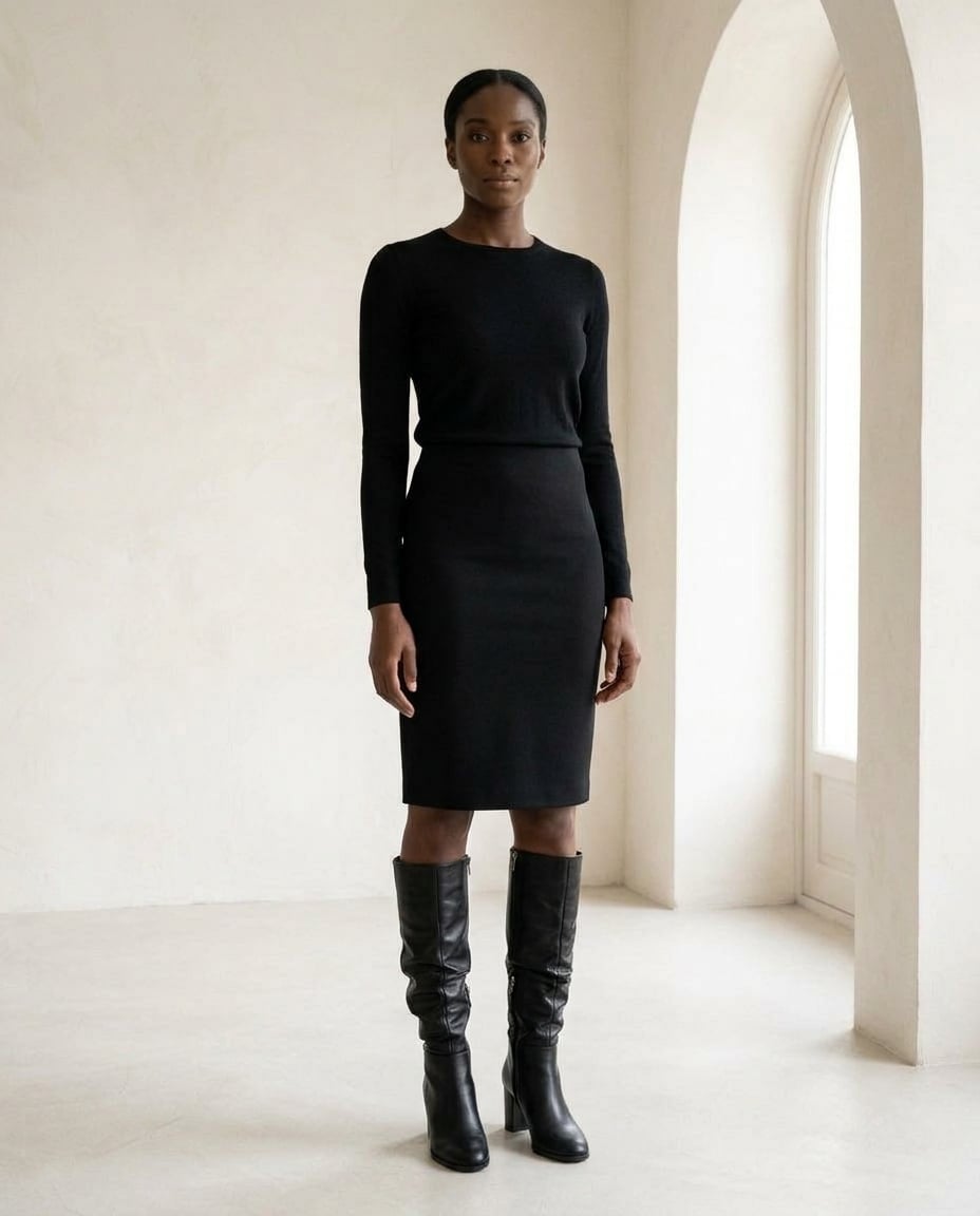 Black knee-high boots on model, front view | Maison Perigee — front