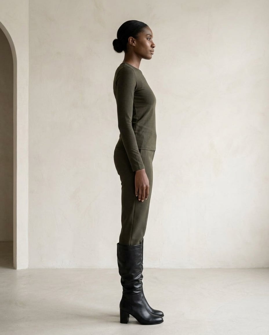 Black knee-high boots on model, side profile | Maison Perigee — side