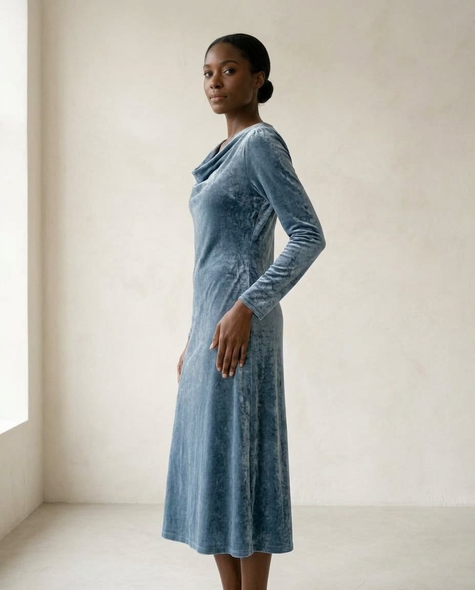 Naomi | Elegant Velvet Midi Dress for Autumn/Winter — side | Maison Perigee