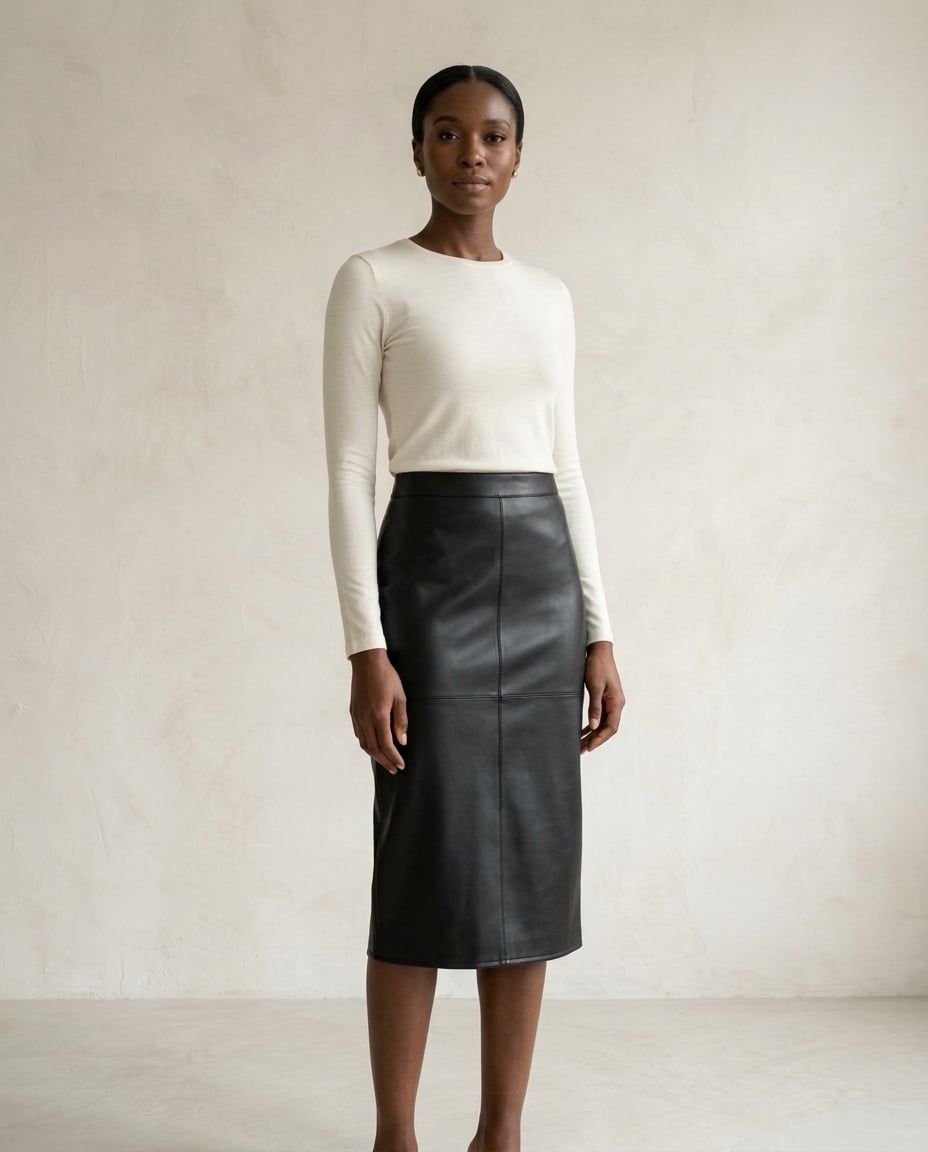 Naomi | Refined Faux Leather Skirt — front | Maison Perigee