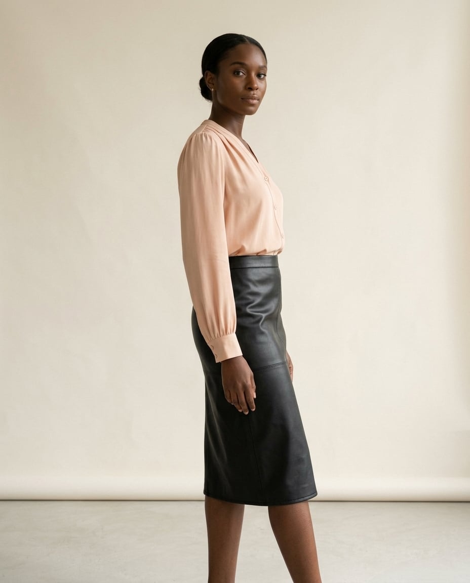 Naomi | Refined Faux Leather Skirt — side | Maison Perigee