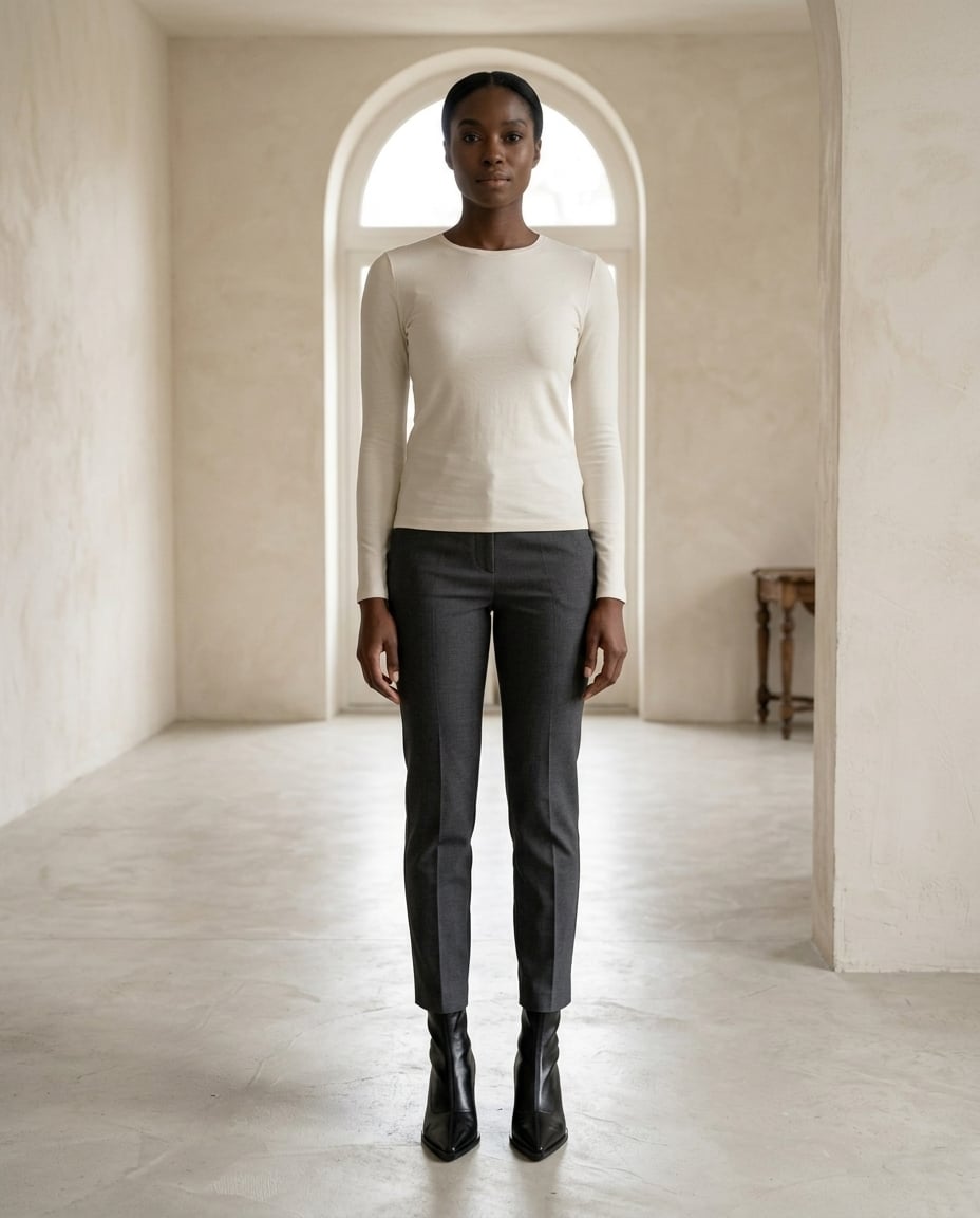 Black ankle boots on model, front view | Maison Perigee — front