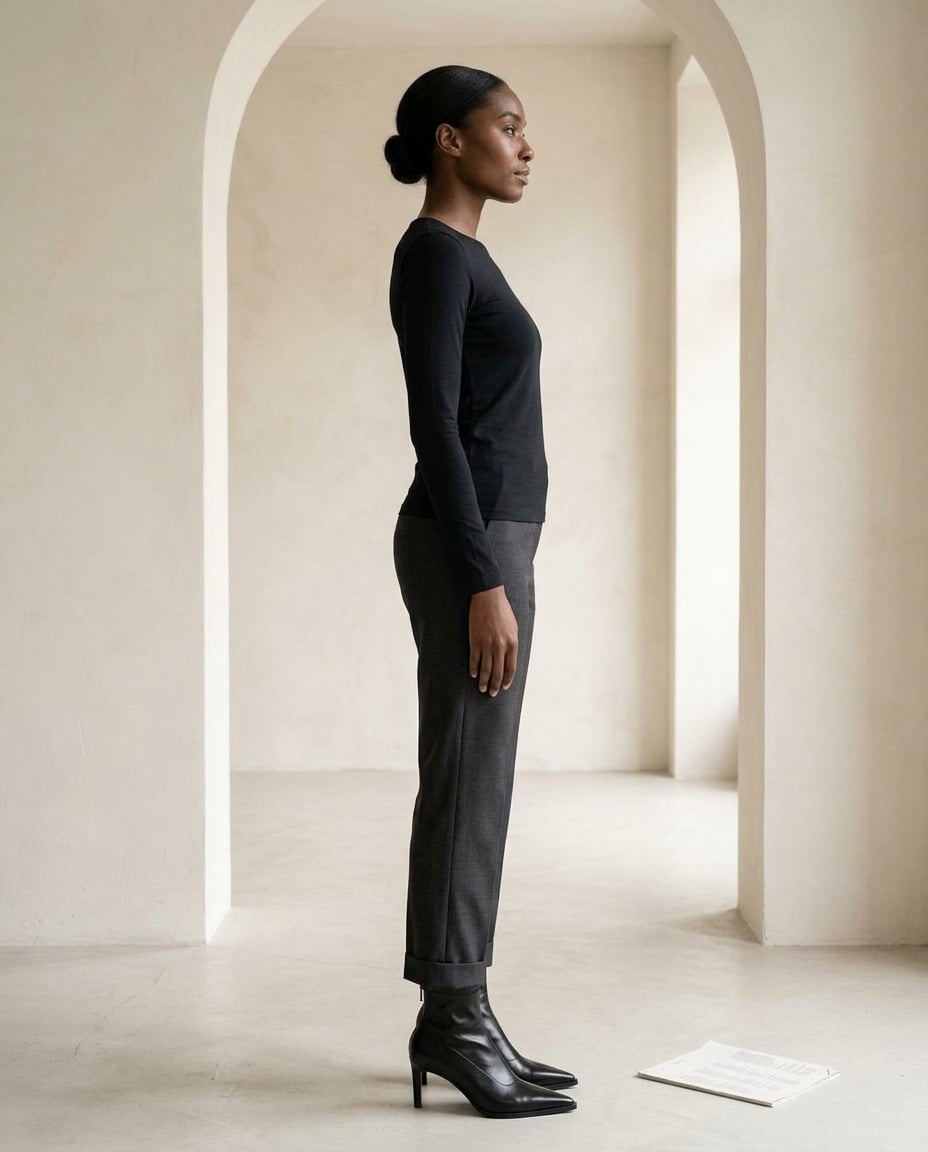 Black ankle boots on model, side profile | Maison Perigee — side