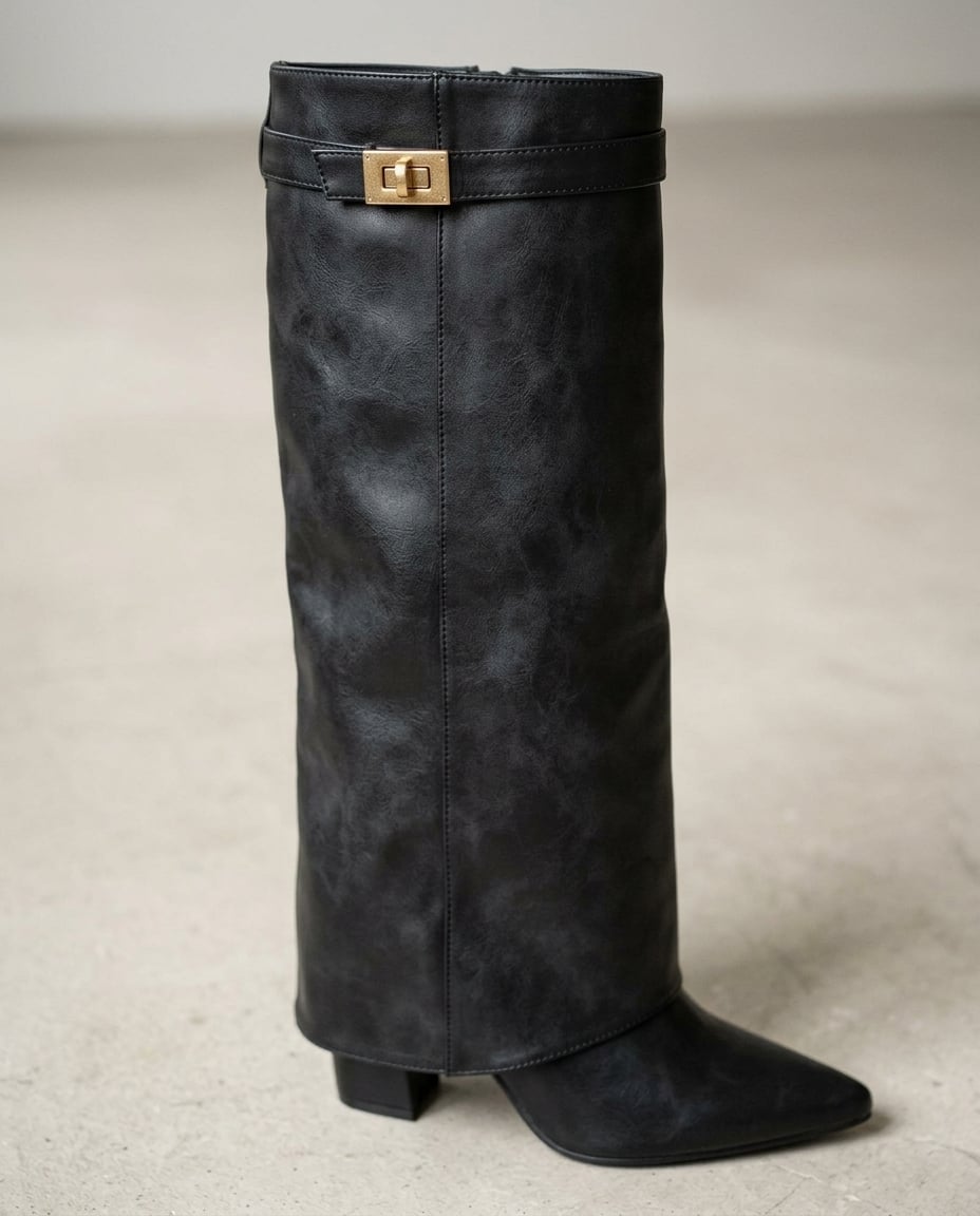 Black knee-high boots material and heel detail | Maison Perigee — detail