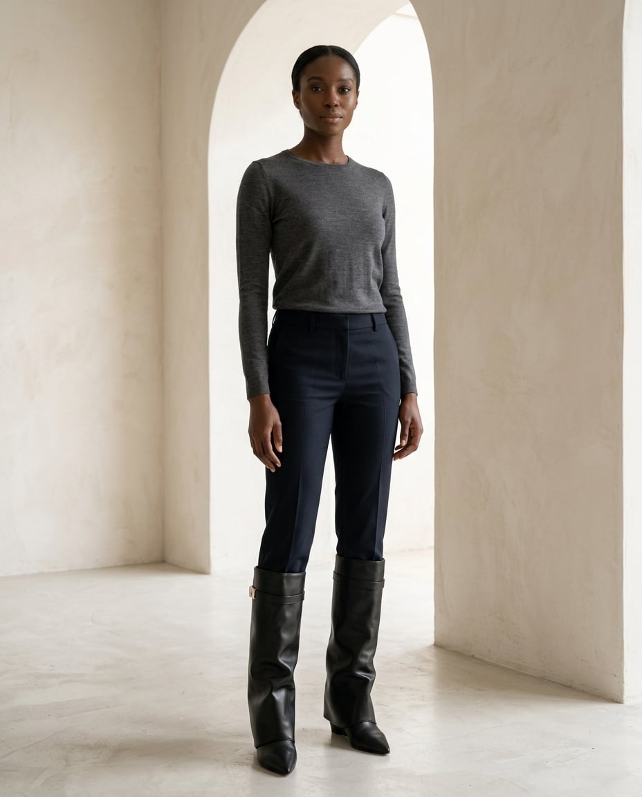 Black knee-high boots on model, front view | Maison Perigee — front