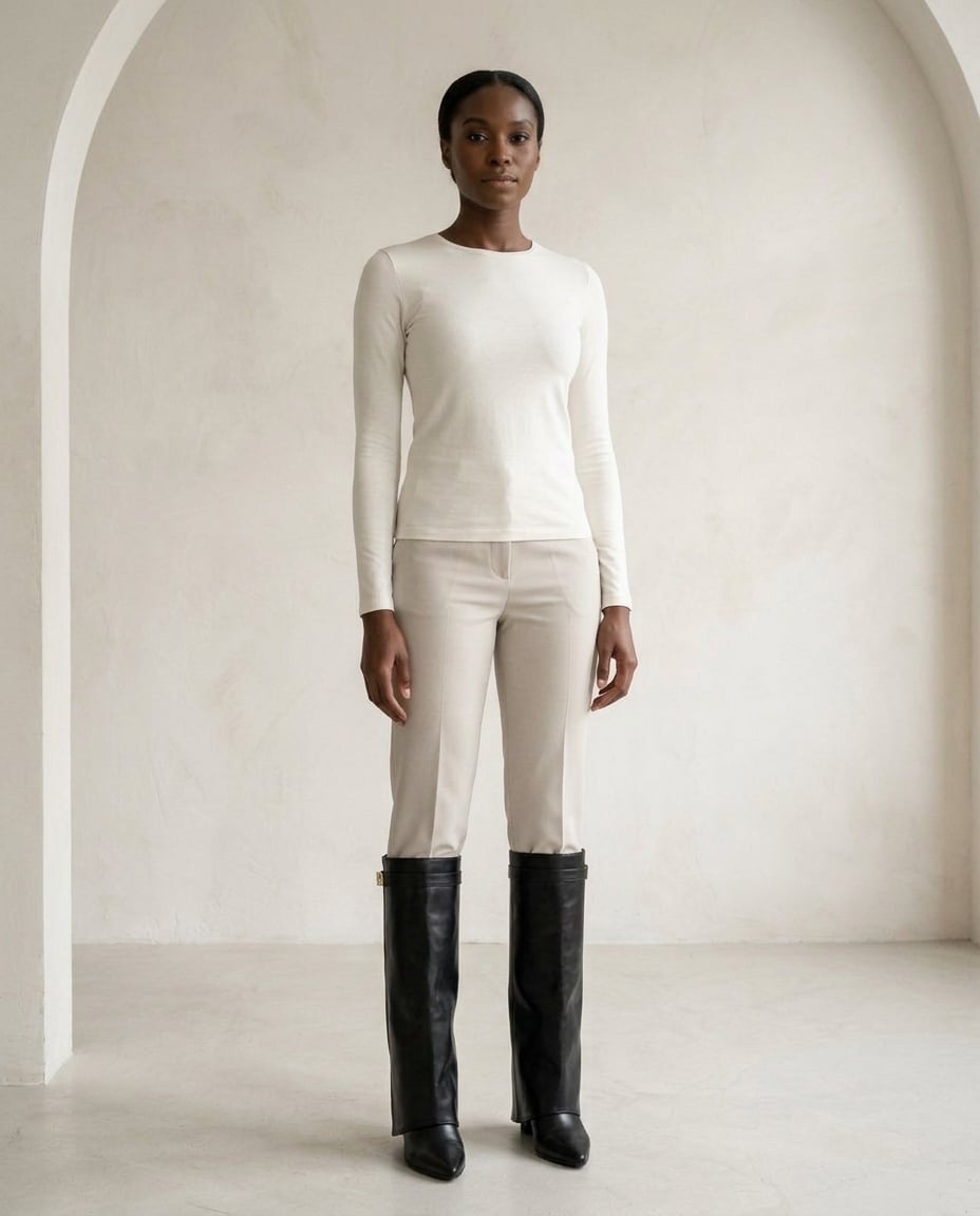 Black knee-high boots on model, front view | Maison Perigee — front