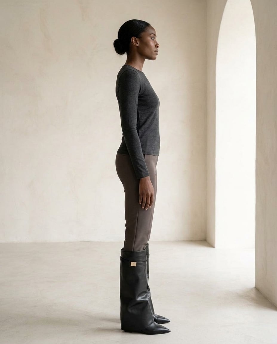Black knee-high boots on model, side profile | Maison Perigee — side