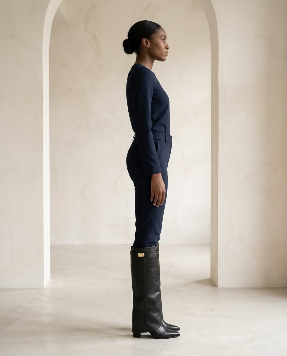 Black knee-high boots on model, side profile | Maison Perigee — side