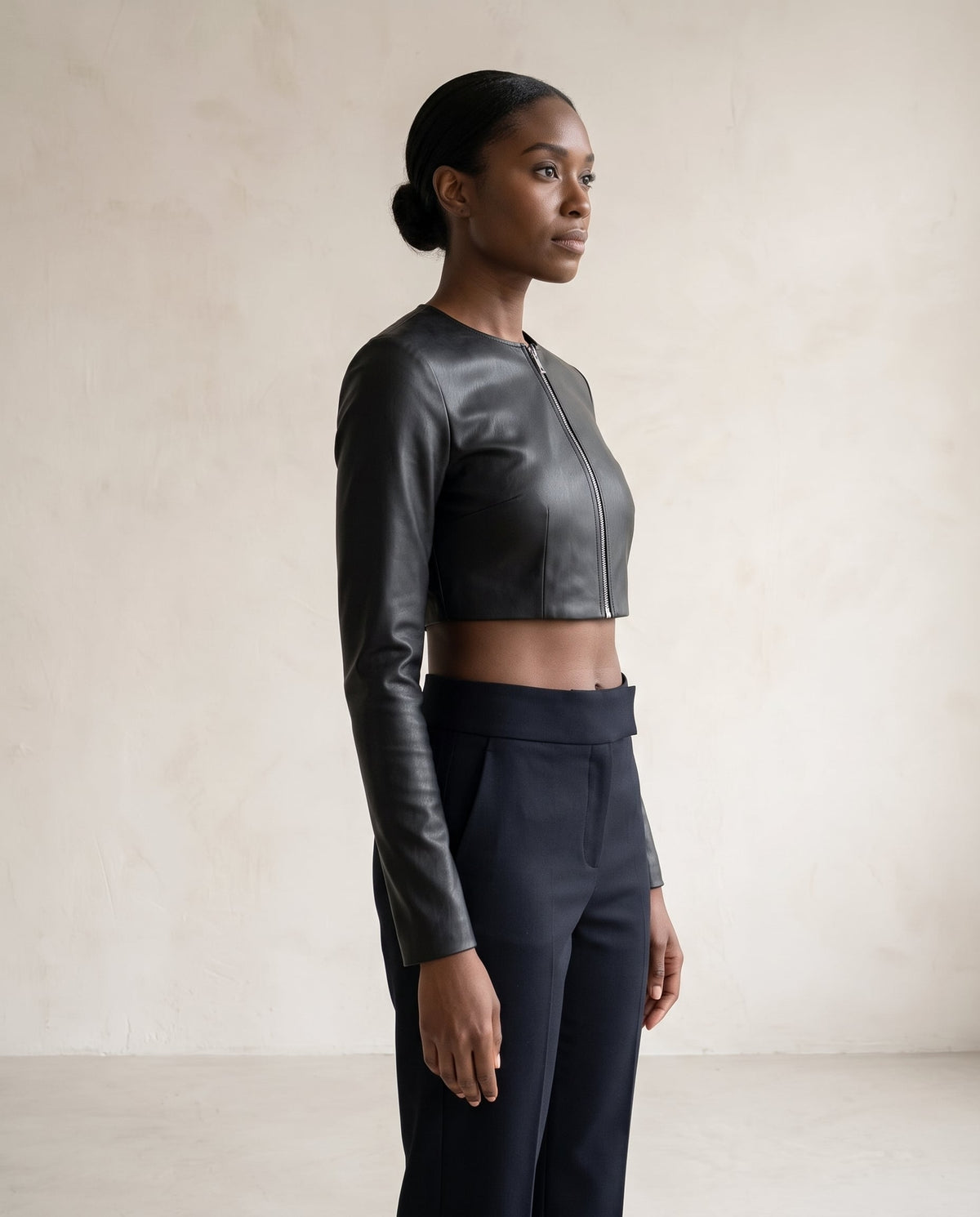 Naomi | Sophisticated Cropped Faux Leather Jacket - side view
