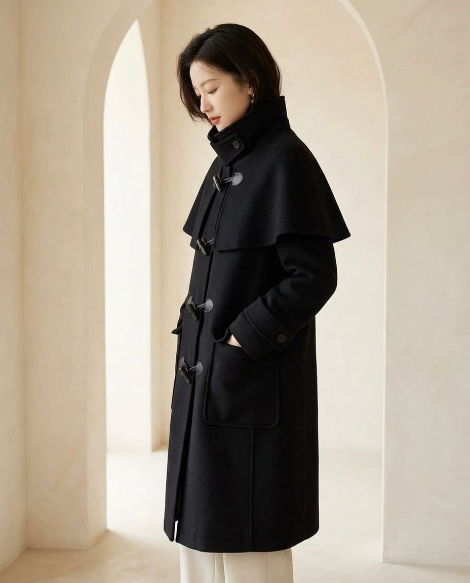 Odette - Elegant Toggle Duffle Coat for Winter in Black — Maison Perigee — side