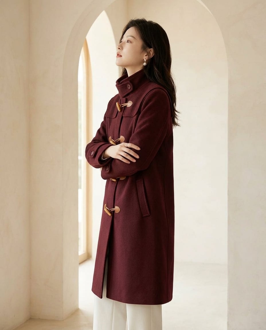 Odette - Elegant Toggle Duffle Coat for Winter in Burgundy — Maison Perigee — side