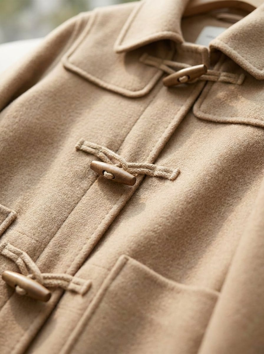 Odette - Elegant Toggle Duffle Coat for Winter in Camel — Maison Perigee — detail