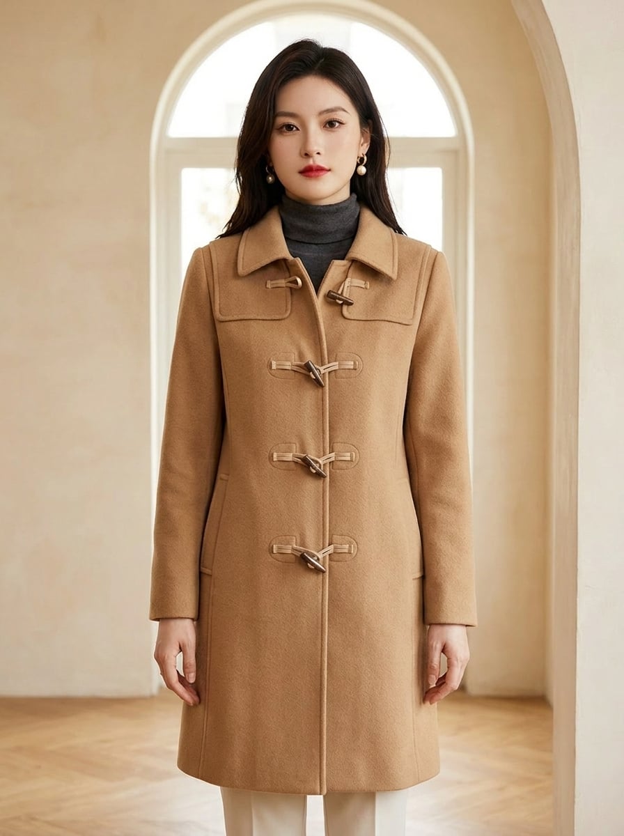 Odette - Elegant Toggle Duffle Coat for Winter in Camel — Maison Perigee — front